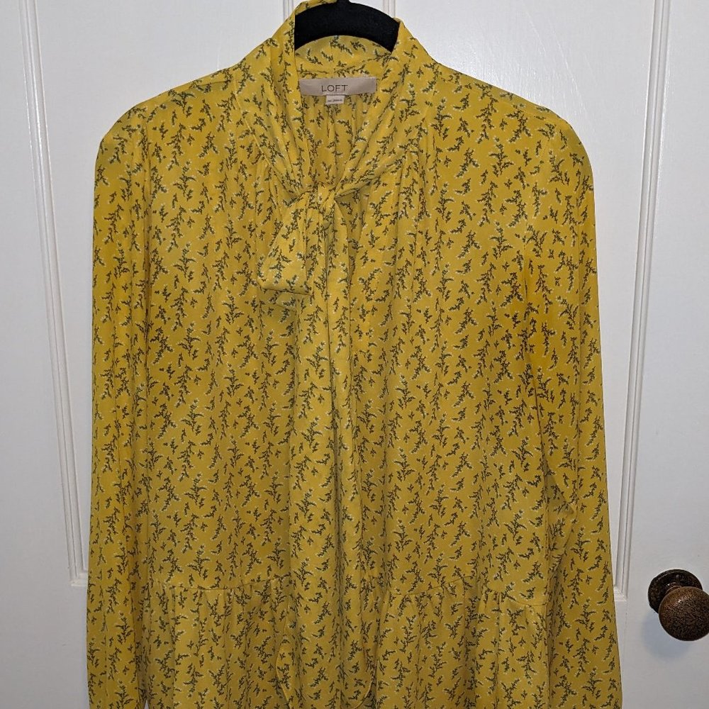 LOFT Yellow Floral Long Sleeve Blouse with Tie